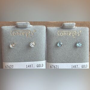 14KT Gold Stud Earrings. 2 pair: Aquamarine & Blue Topaz. Concepts allergy free.